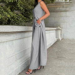 LBSFY  -  Office Women Summer Casual Chic Sleeveless V Neck Single Breasted Button Solid Long Top Loose Wide Legs Pants Sets