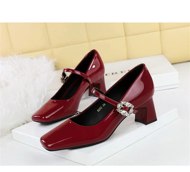 LBSFY -Banquet Mary Jane Women Single Shoes Square Toe Light Mouth Patent Leather One-Striped Rhinestone Buckle Thick Heel Medium Heel