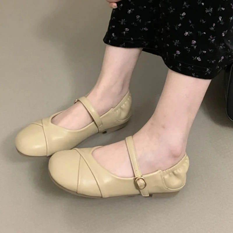 LBSFY  -  2024 Spring New Round Toe Shallow Women Mary Jane Shoes Fashion Pleated Ladies Flat Heel Ballerinas Shoes Casual Ballet Sho