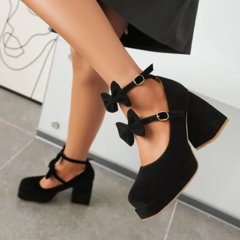 LBSFY  -  2024 Bow Platform Mary Jane Sandals 9cm Thick Heel Square Toe Wedding Sandals Birthday Party Sandals Plus Size Women Shoes 34-48