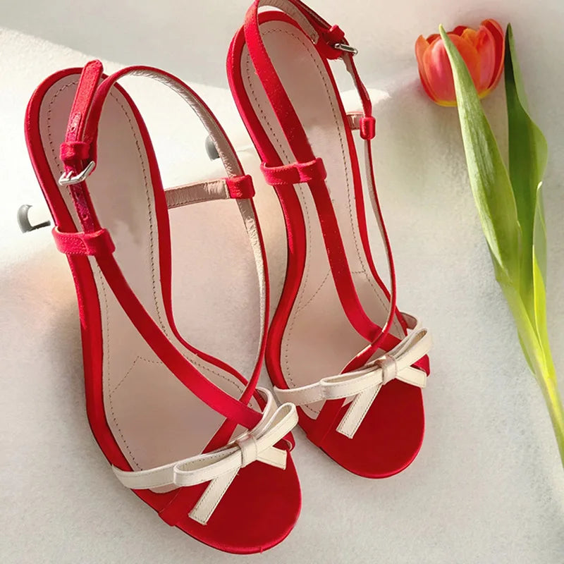 LBSFY  -  Open-toed Red Stiletto Bow Buckle with Sandals Women's Summer 2024 New Sexy Sweet High Heels