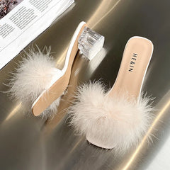 LBSFY -Fashion Slippers Women's Summer New Open Toe Plush Fox Fur Chunky with Flip Flops Sexy Home Banquet Square Toe Simple Pumps