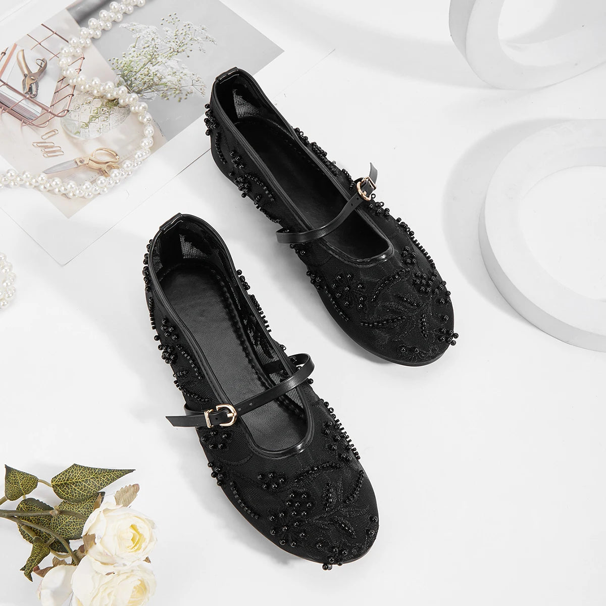 LBSFY -Embroidery String Bead Mesh Ballet Flats Women Fashion White Pearl Mary Jane Shoes Light Summer Flats Elegant Cozy Flat Sandals