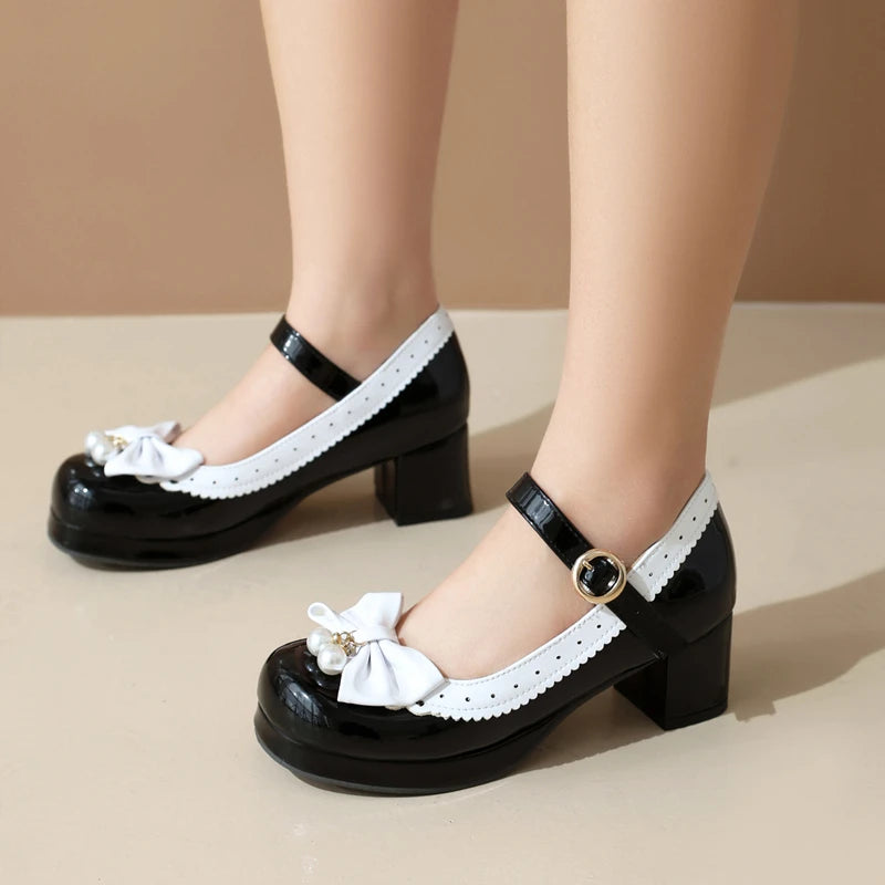 LBSFY  - Lolita Girls Block Heels Mary Janes Lolita Shoes Japanese Style Mixed Color Sweet Bow Pearls Princess Buckle Strap Pumps Size 45