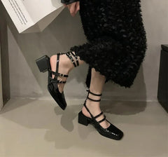 LBSFY  Summer Thick Heel Women Sandals Fashion Square Toe Cross Ankle Strap Shoes Ladies Elegant Party Dress Sandalias