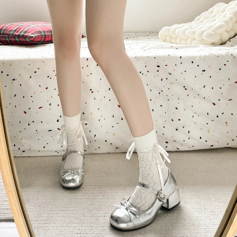 LBSFY -Ballet Style Butterfly-knot Mary Jane Shoes for Women Concise Dress Thick Heel Ladies Footwear
