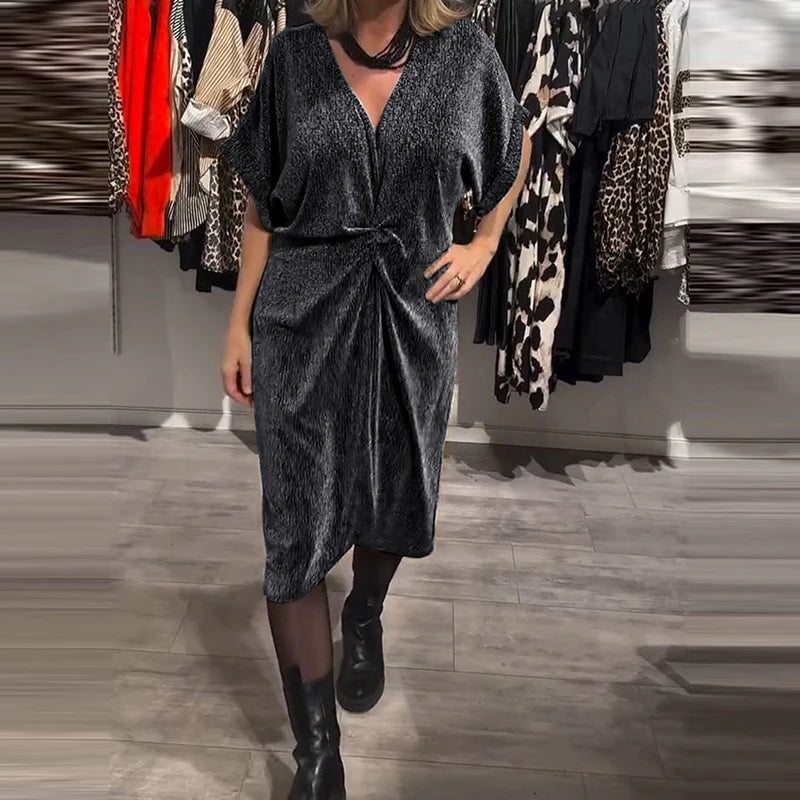 LBSFY  -  Women's Sexy V-neck Short Sleeve Midi Dress Elegant Twist Bright Silk Solid Party Dress Fashion Hight Waist Pleated A-Line Dress